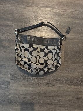 Coach Black and Taupe Signature Canvas Shoulder Hobo